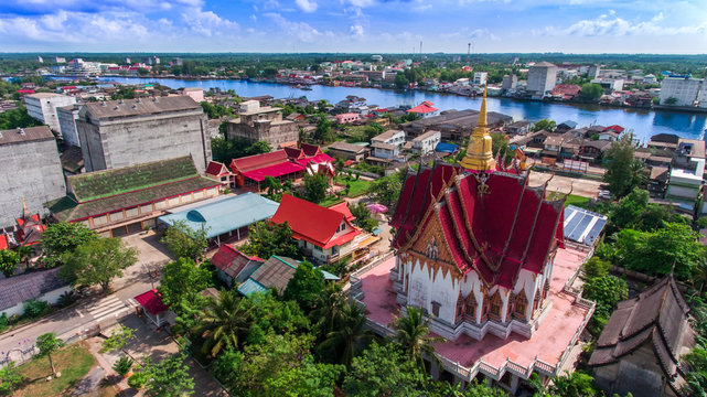 Aerial view of city, river and community, Lifestyle Thailand.