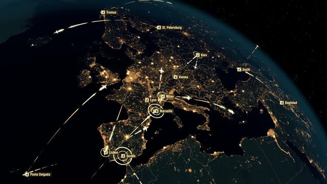 European Flight Connections. Global Communications - Destinations all over the World. Global Communications through the Network of Connections over Europe.