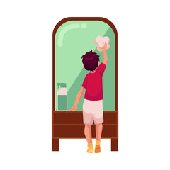 vector flat cartoon teen boy kid doing household chores - cleaning big mirror by rag. Isolated illustration on a white background. Child at home concept.