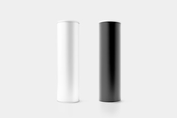 Blank black and white cardboard cylinder box mockup with plastic lid, 3d rendering. Clear...