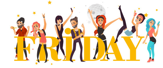 Rock party banner, poster with friends having fun in club, flat cartoon vector illustration isolated on white background. Young people, boys and girls, having fan and party word in big letters