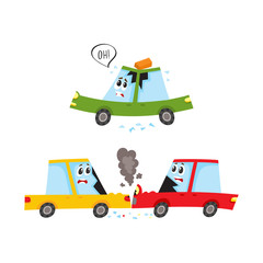 vector flat car characters with face crash, accident set. Head-on collision, both vehicle have broken glasses smoke from hood, brick fallen to auto s roof. Isolated illustration on a white background
