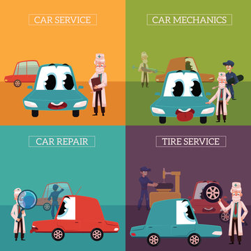 Four banners with doctor helping funny car character diagnostics, inspection, servicing and tire change, cartoon vector illustration. Car servicing, fixing, repairing concept with doctor and cre