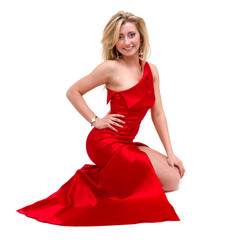 Full length shot of sexy woman in red dress, isolated on white