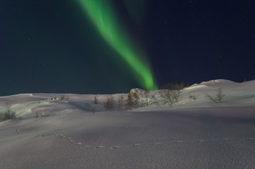 Northern lights in winter over snowy hills.