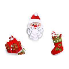 Paper cut Santa Claus, Christmas stocking and present box, decoration elements, flat vector illustration isolated on white background. Flat style Santa Claus, Christmas stocking and present box