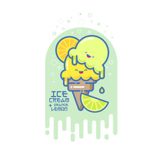 Kawaii smiled ice cream illustration. Colorful ice cream on a cone. Japanese style picture.