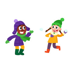 vector boy and girl having fun with snow outdoors. Flat cartoon isolated illustration on a white background. Kid plays with snowball smiling. Winter children activity concept