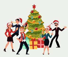 Happy people having corporate Xmas party, dancing around Christmas tree, cartoon vector illustration isolated on white background. Corporate Christmas party - Xmas tree, people in Santa Claus hats