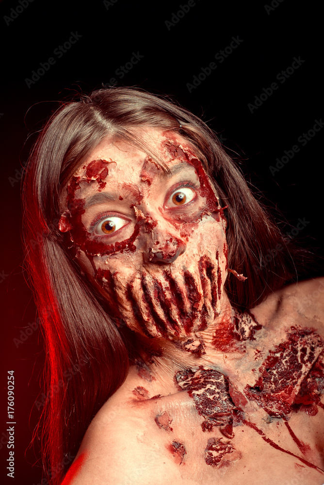 Wall mural zombie girl terrible portrait causes horror, walking dead