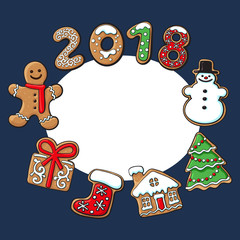 Round frame of homemade gingerbread cookies - Christmas elements and 2018 numbers, sketch vector illustration isolated on white background. Christmas gingerbread cookies forming round frame