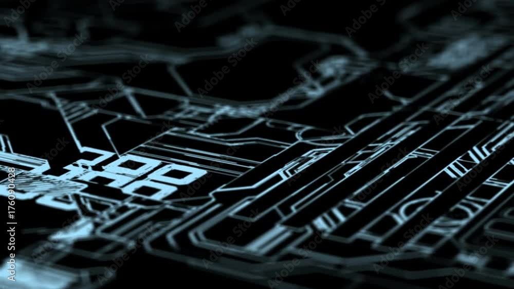 Poster a beautiful circuit board with lots of complex moving elements. the camera rotates along the axis. d