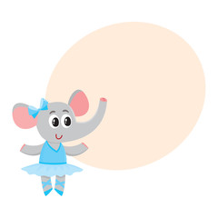 Cute little elephant character, ballet dancer in pointed shoes and tutu skirt, cartoon vector illustration with space for text. Little elephant baby animal, ballet dancer, ballerina in tutu