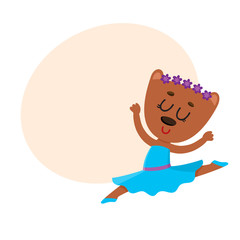 Happy cute little bear character, ballet dancer in pointed shoes and tutu skirt, cartoon vector illustration with space for text. Little bear baby animal, ballet dancer, ballerina in tutu