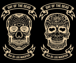 Fototapeta na wymiar Day of the dead. Dia de los muertos. Set of the sugar skulls. Design elements for poster, greeting card, banner. Vector illustration