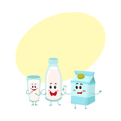 Funny milk characters - bottle, glass, carton box with smiling human faces, cartoon vector illustration with space for text. Cute milk bottle, glass and carton box characters, dairy products