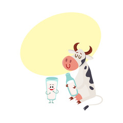 Funny smiling farm cow sitting and glass of milk standing characters, cartoon vector illustration with space for text. Cute and funny cow with bottle of milk and glass of milk characters