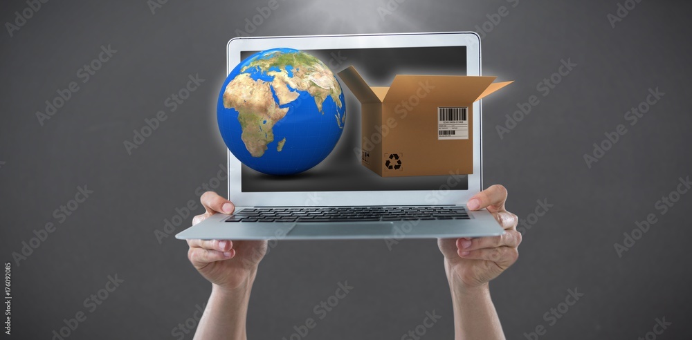 Sticker Composite image of cropped hands holding laptop