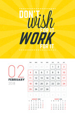 Wall Calendar Template for February 2018. Vector Design Print Template with Typographic Motivational Quote on Yellow Textured Background. Week starts on Sunday