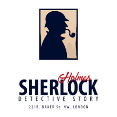 Sherlock Holmes logo or emblem. Detective illustration. Illustration with Sherlock Holmes. Baker street 221B. London. Big Ban.
