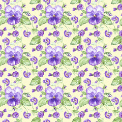 Illustration in watercolor of a pansy flower. Floral card with flowers. Botanical illustration seamless pattern.
