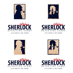 Set of Sherlock Holmes logos or emblems. Detective illustration. Illustration with Sherlock Holmes. Baker street 221B. London. Big Ban.