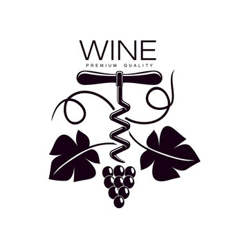 wine corkscrew decorated with grapevine with leaves, ripe grapes and twig. Elegant Company logo, brand icon design. Isolated illustration on a white background.