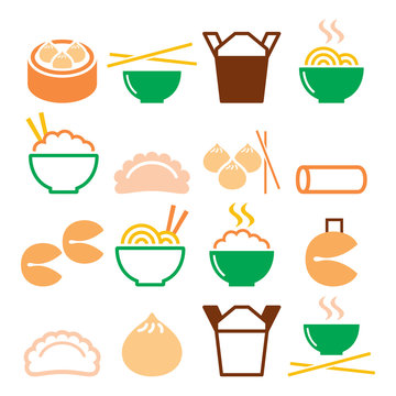 Chinese take away food - pasta, rice, spring rolls, fortune cookies, dumplings 