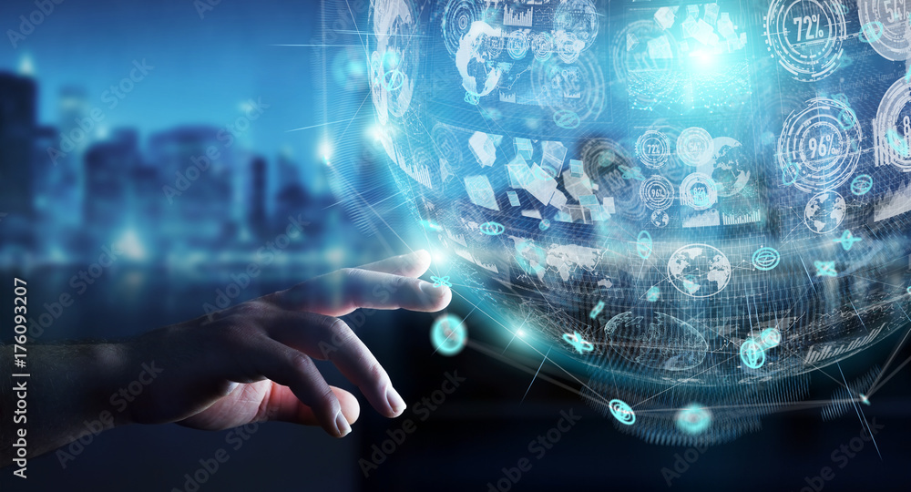 Aufkleber Businessman using holograms datas digital sphere 3D rendering