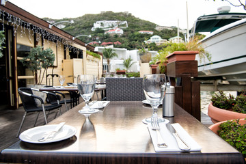 Table and chairs on restaurant terrace in Philipsburg, Sint Maarten