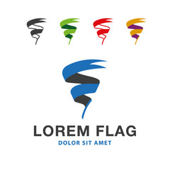 Flat flag logo set. Waving in the wind a long ribbon on a stick.