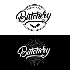 Set of Butchery hand written lettering logo, label, badge, emblem.
