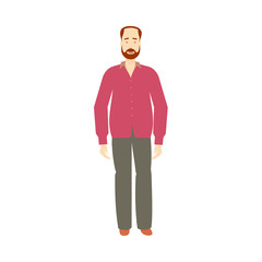 vector adult red-haired man with beard and mustache wearing purple shirt, grey trousers isolated. Full lenght portrait. Flat illustration on a white background, Family character cartoon concept.