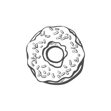 Vector sketch donut with glaze icing and sprinkles cartoon isolated illustration on a white background. Sweet delicious dessert food, snack