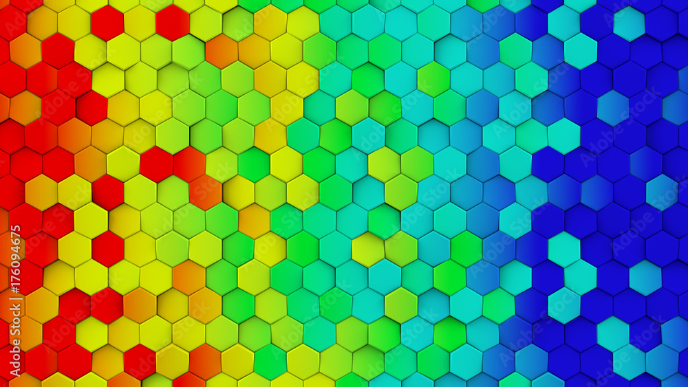 Poster rainbow gradient hexagons chaotic turned abstract 3d render