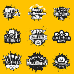 Set of happy Halloween black stickers on yellow background. Vector design elements for greetings card, party flyer and promotional materials. Vector illustration