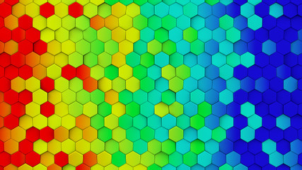 Rainbow gradient hexagons chaotic turned abstract 3D render