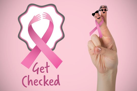 Composite image of cropped hand of woman with pnik breast cancer