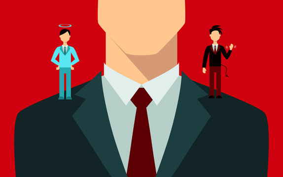 Businessman with angel and devil on his shoulders.
