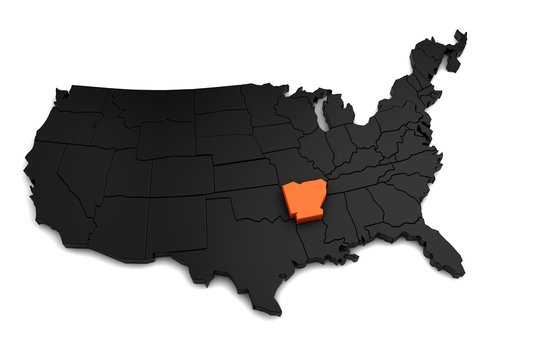 United States of America, 3d black map, with Arkansas state highlighted in orange. 3d render