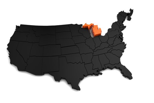 United States of America, 3d black map, with Michigan state highlighted in orange. 3d render