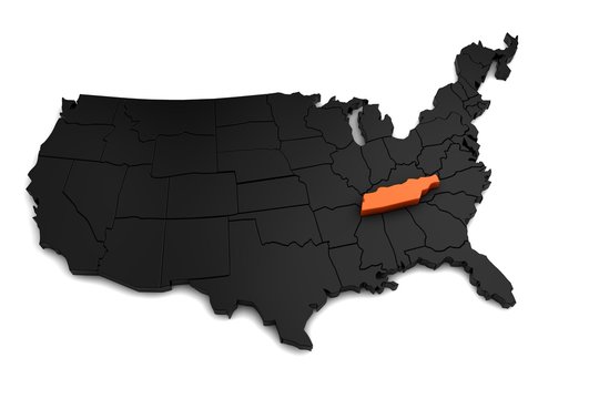 United States of America, 3d black map, with Tennessee state highlighted in orange. 3d render