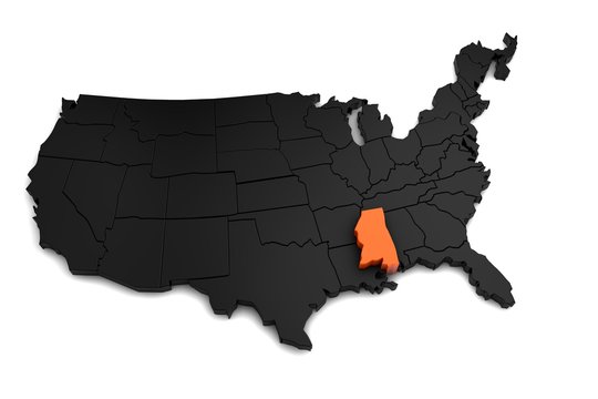 United States of America, 3d black map, with Mississippi state highlighted in orange. 3d render