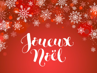 Fototapeta na wymiar Merry Christmas french greeting card template. Modern winter holidays lettering with snowflakes on red background. Merry Christmas vector illustration with text.