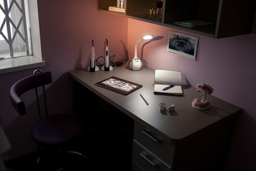 Work desk doctor in dental office.