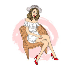 Beautiful stylish girl with a summer head sitting on a wooden chair. Fashion woman with red lips, nails and shoes. summer hand drawn stylized vector illustration for fashion looks, poster, cards, ad