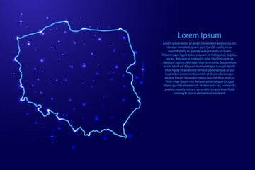 Map Poland from the contours network blue, luminous space stars for banner, poster, greeting card, of vector illustration