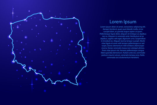 Fototapeta Kartografuje Polskę od kontur sieci błękitnej, świetlistej przestrzeni gwiazdy dla sztandaru, plakata, kartka z pozdrowieniami, wektorowa ilustracja