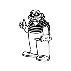 Cartoon thief robber character poses with thumbs up sign and knife vector illustration sketch hand drawn with black lines, isolated on white background