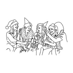 Row of joyful friends with champagne and xmas party vector illustration sketch hand drawn with black lines, isolated on white background
